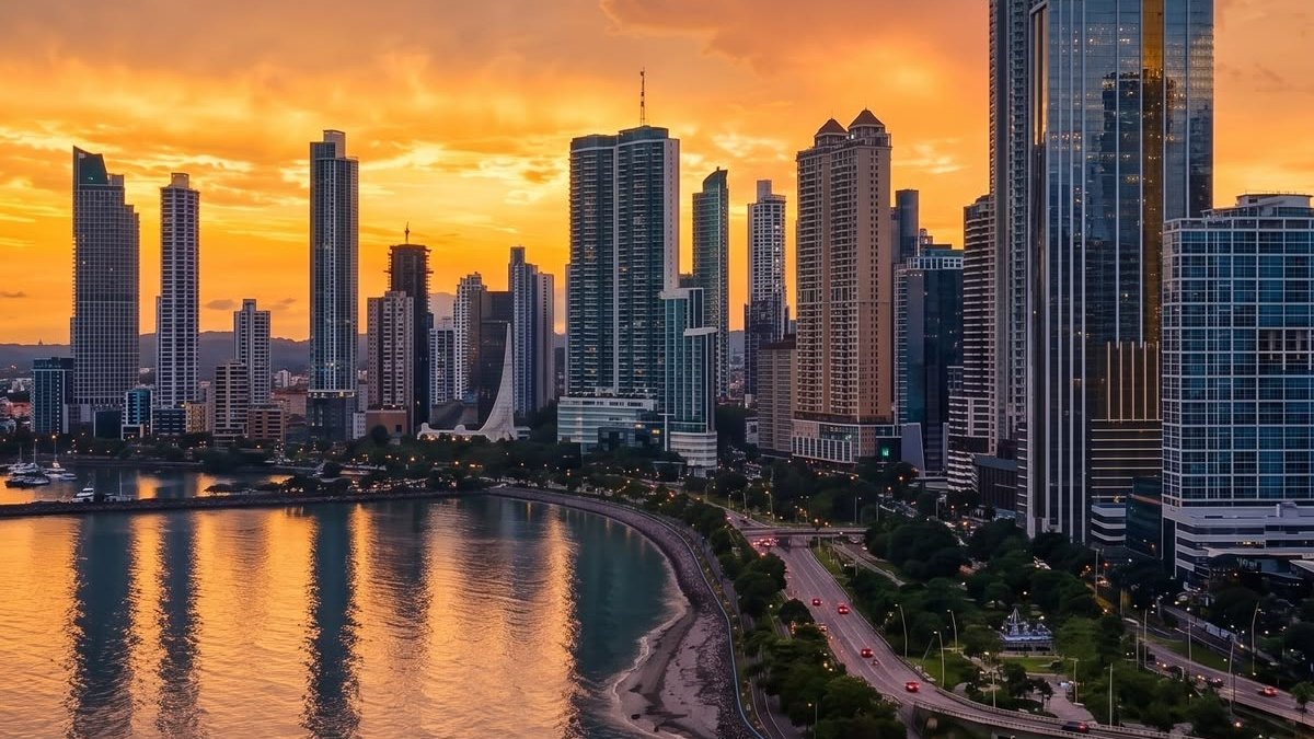 La Cinta Costera de la Ciudad de Panamá al atardecer: el malecón curvo junto al mar y el skyline recortado contra un cielo dorado